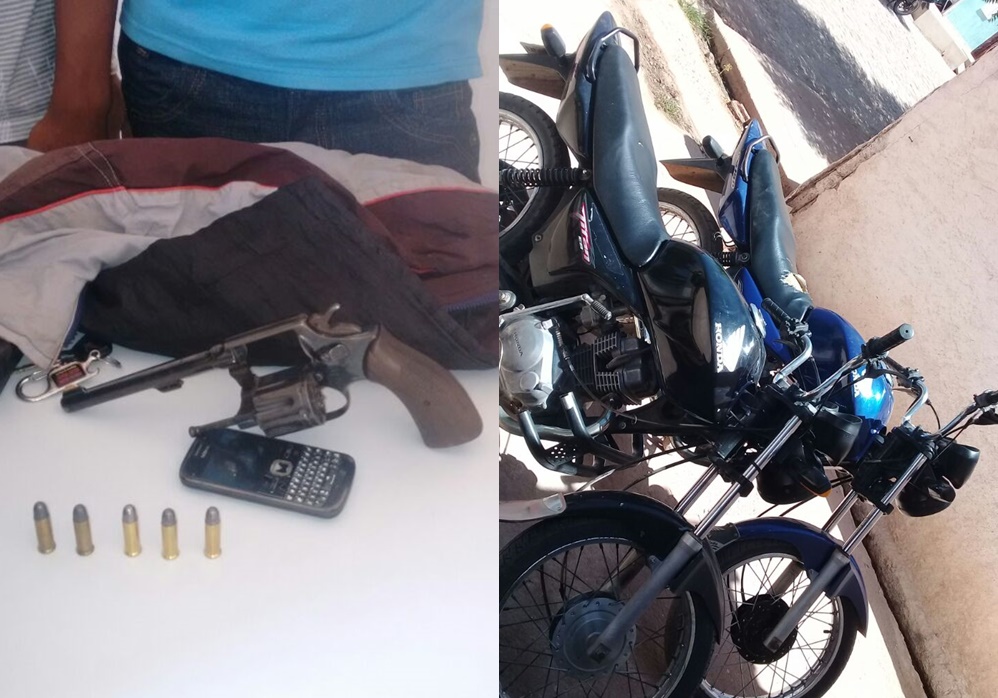 A Polícia Militar apreendeu um revólver calibre 38, munições e duas motocicletas