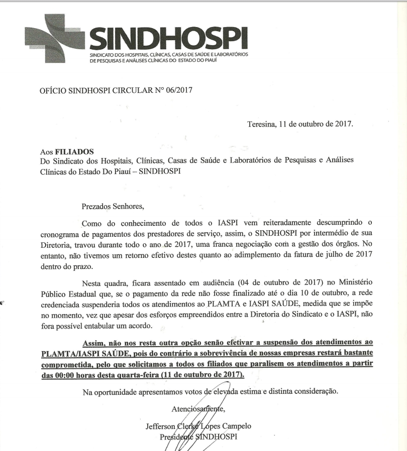 Hospitais suspendem atendimento aos usuários do IASPI/PLAMTA