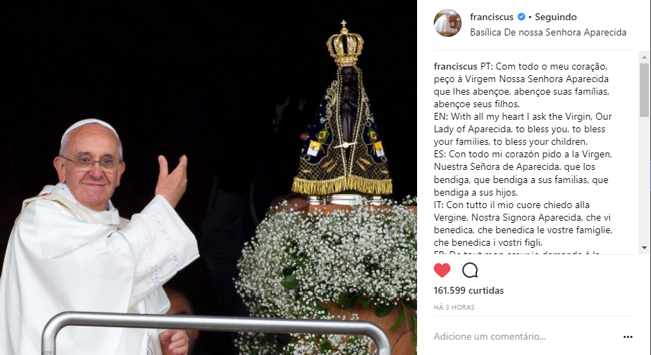 Postagem de Papa Francisco em homenagem ao dia de Nossa Senhora Aparecida