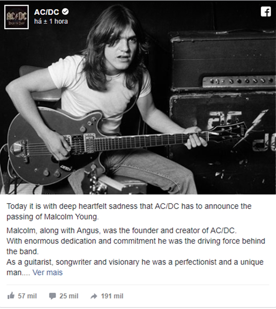 Comunicado de falecimento de Malcolm Young, guitarrista do AC/DC