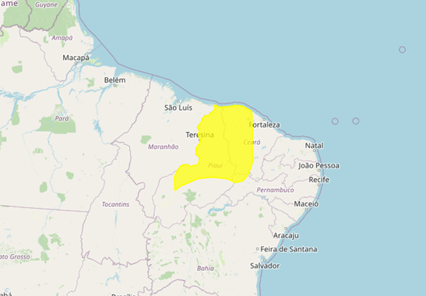 Alerta amarelo foi emitido para 167 municípios do Piauí