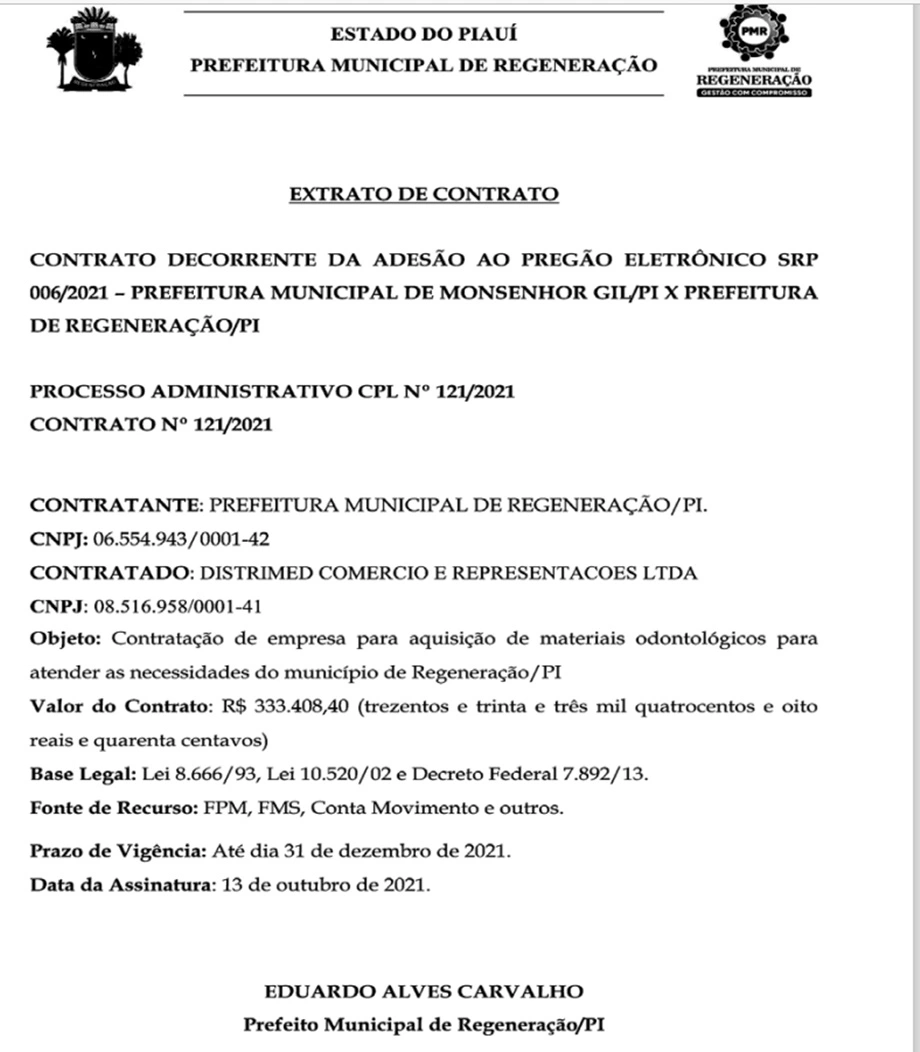 Extrato do contrato da Prefeitura de Regeneração com a Distrimed