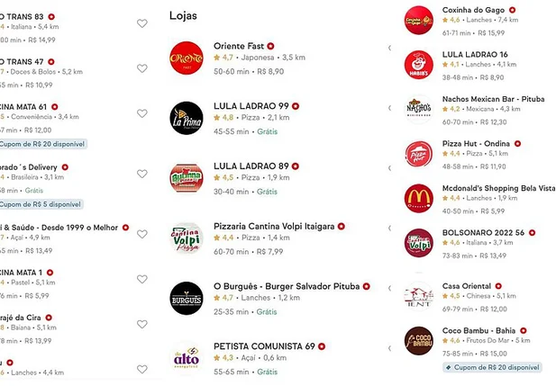 iFood tem nomes de restaurantes alterados para mensagens de apoio a Bolsonaro