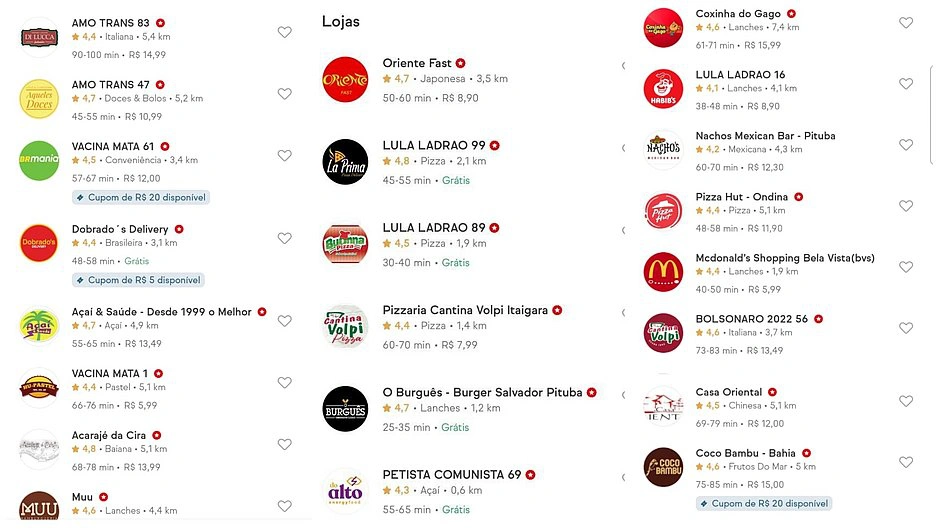iFood tem nomes de restaurantes alterados para mensagens de apoio a Bolsonaro