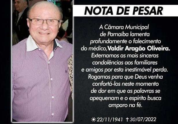 Câmara Municipal de Parnaíba lamenta morte do médico Valdir Aragão