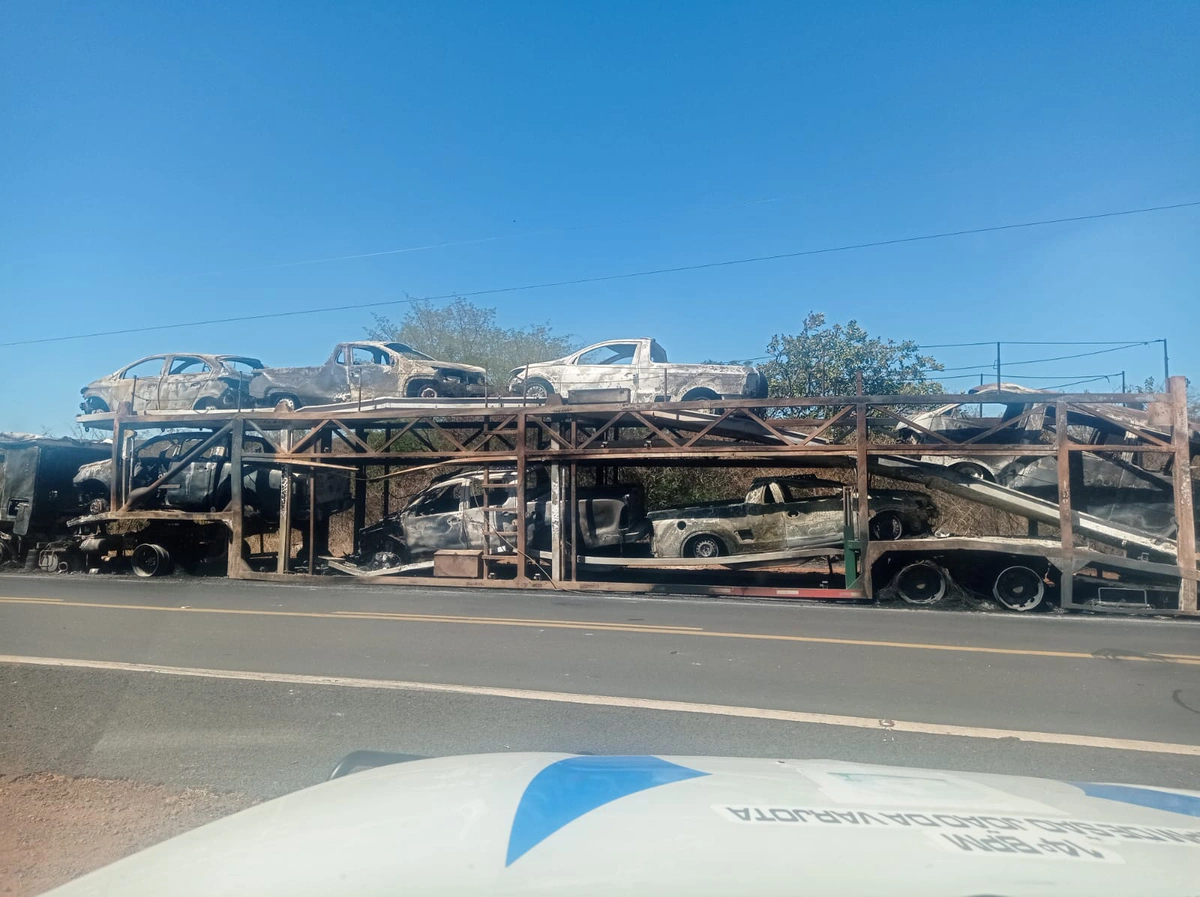 Carreta-cegonha pega fogo e veículos são destruídos no Piauí