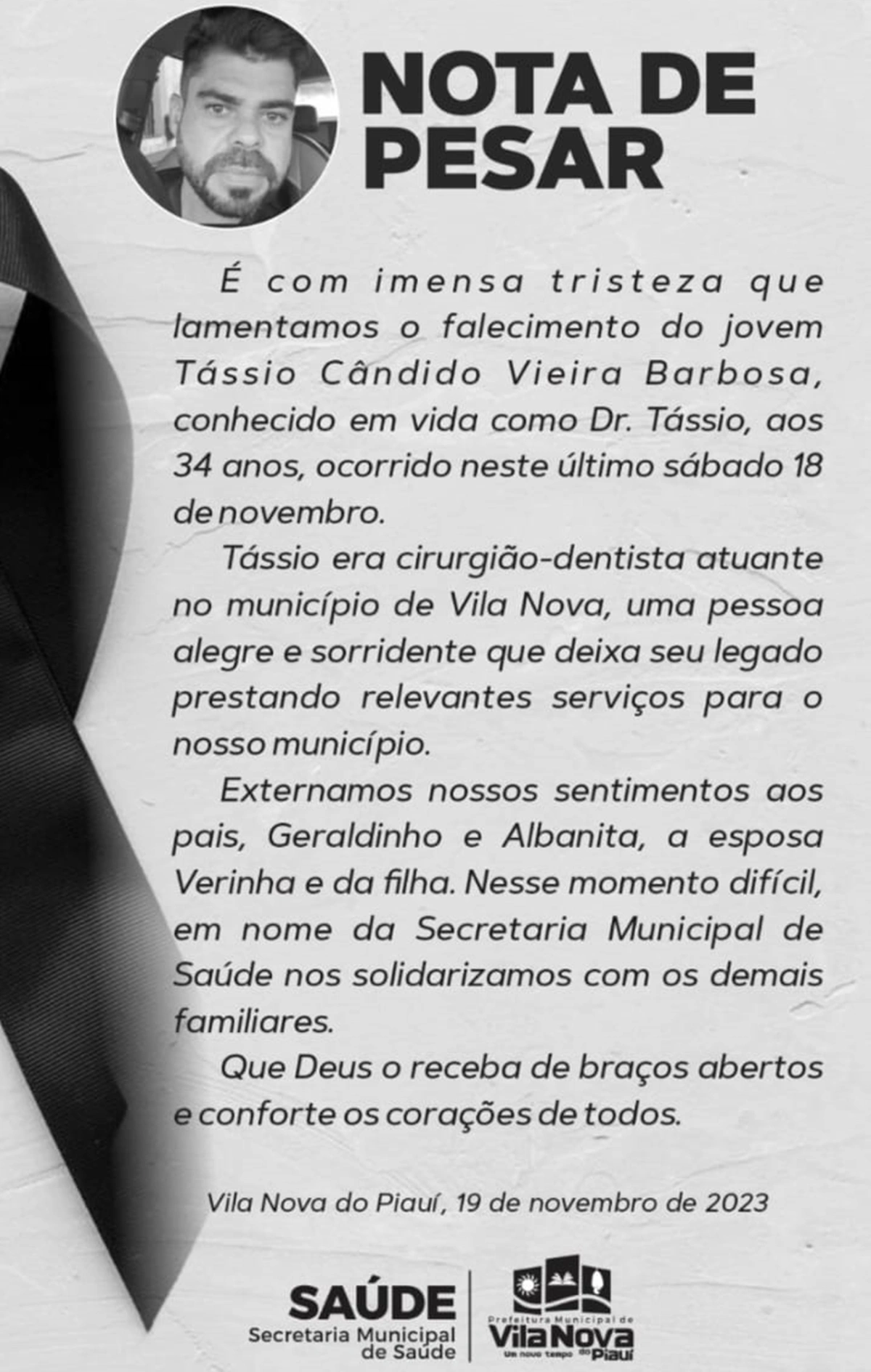 Prefeitura Municipal de Vila Nova do Piauí lamentou a morte de Tássio Barbosa