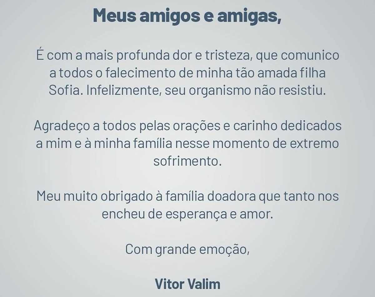 O prefeito de Caucaia, Vitor Valim, comunicou sobre a morte da filha em seu Instagram