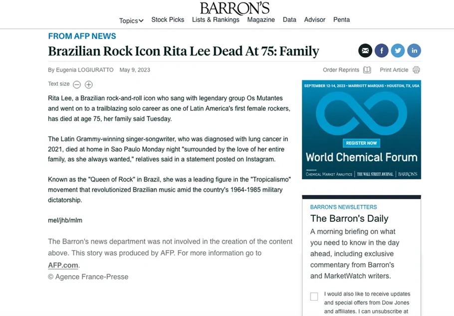 Morte de Rita Lee repercute na mídia