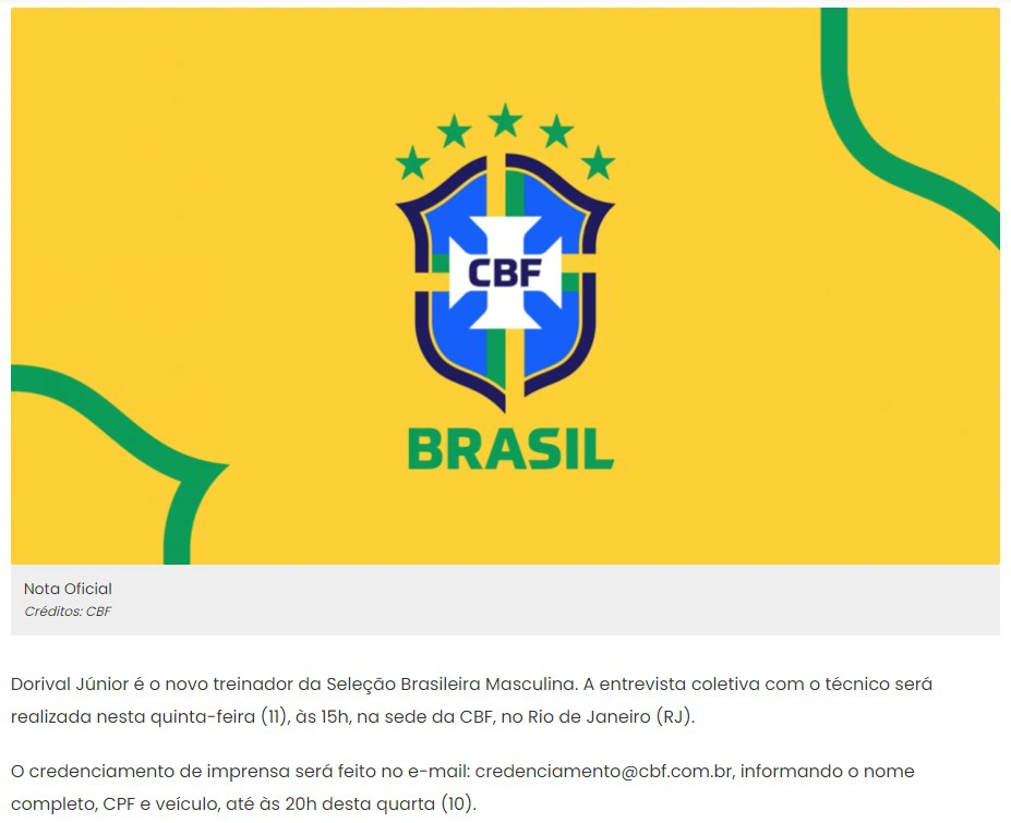 De maneira singela, CBF anuncia Dorival Júnior como novo técnico da Seleção Brasileira