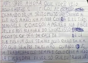 Bilhete escrito por criança que sofreu abuso de padrasto em Minas Gerais