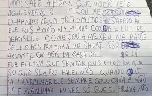 Bilhete escrito por criança que sofreu abuso de padrasto em Minas Gerais
