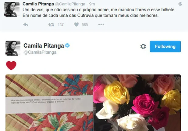 Camila Pitanga agradece presente de fã nesta terça-feira