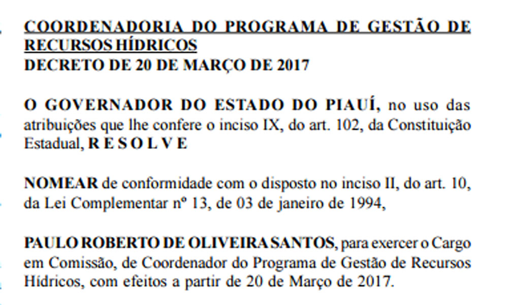 Nomeação de Paulo Roberto no Diário Oficial