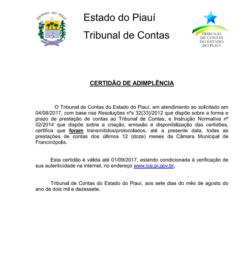 Certidão de adimplência da Câmara de Francinópolis junto ao TCE