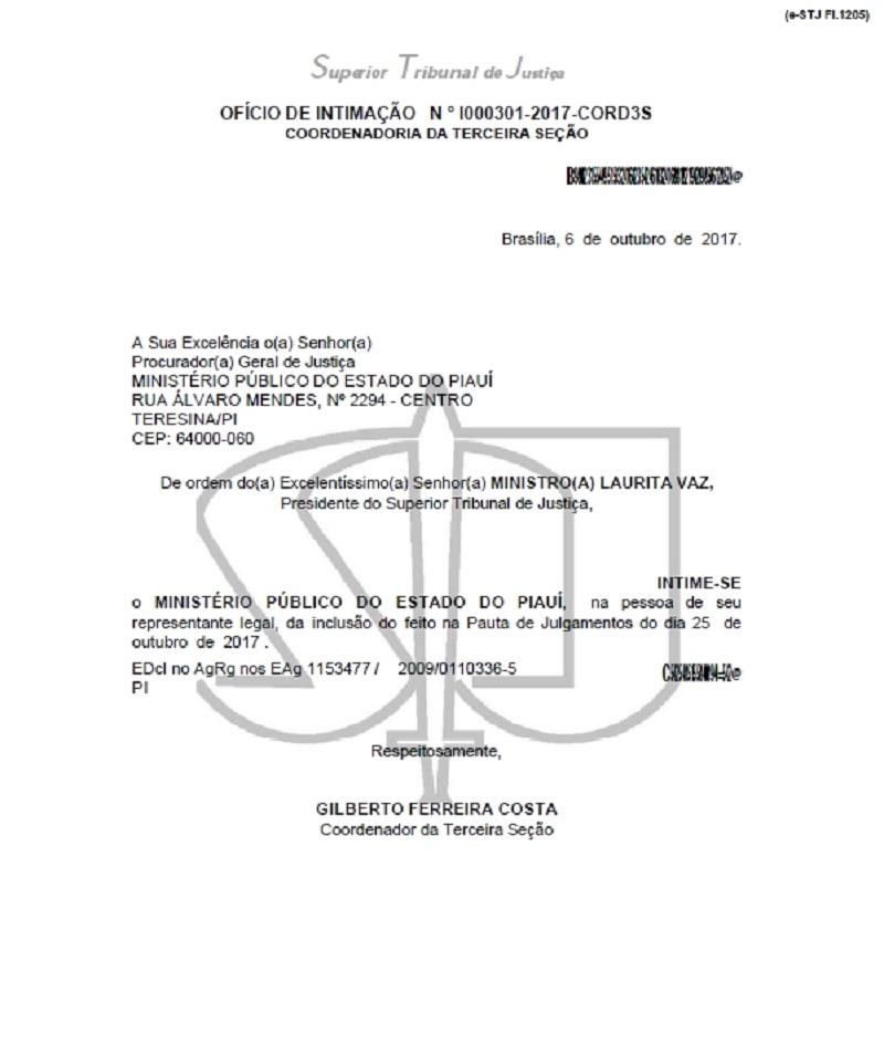 Documento de intimação do julgamento do ex-vereador Djalma Filho