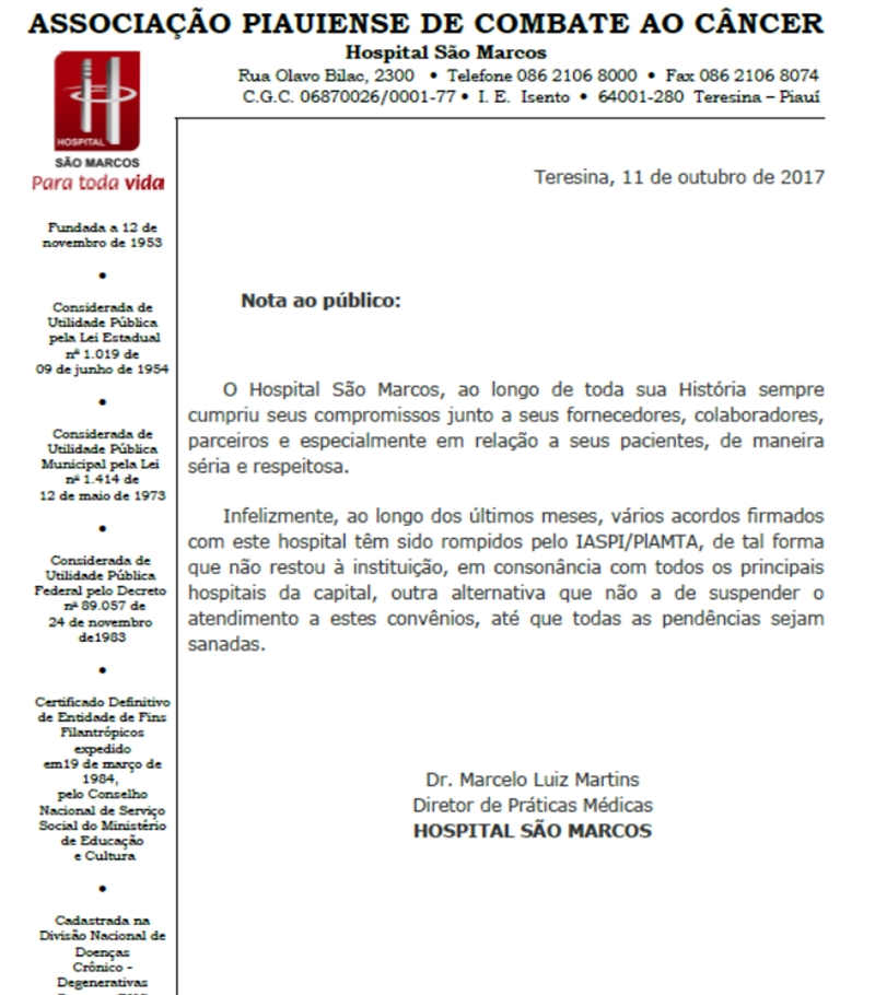 Hospital São Marcos suspende atendimentos a usuários do IASPI/PLAMTA