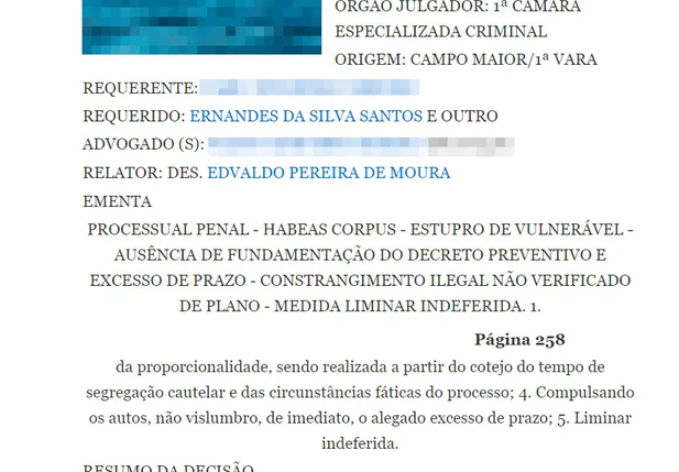 Denegação do habeas corpus de acusado de estupro em Campo Maior 