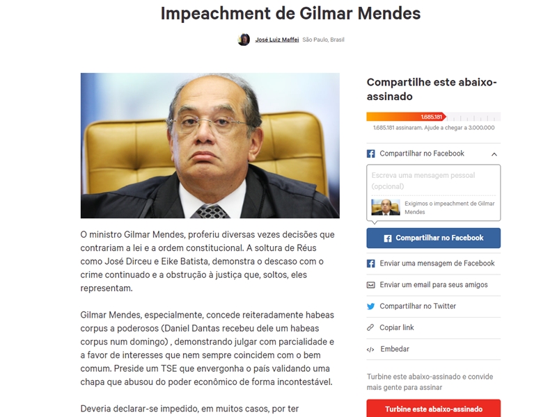 Abaixo-assinado pede impeachment de Gilmar Mendes