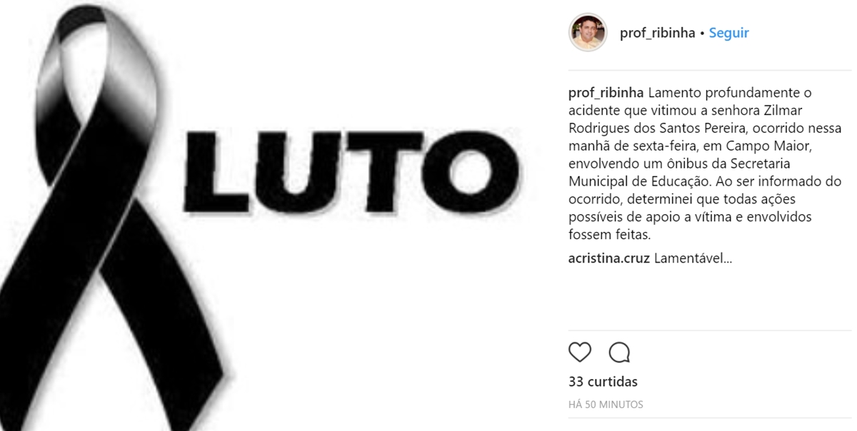 Professor Ribinha lamenta acidente que matou mulher em Campo Maior