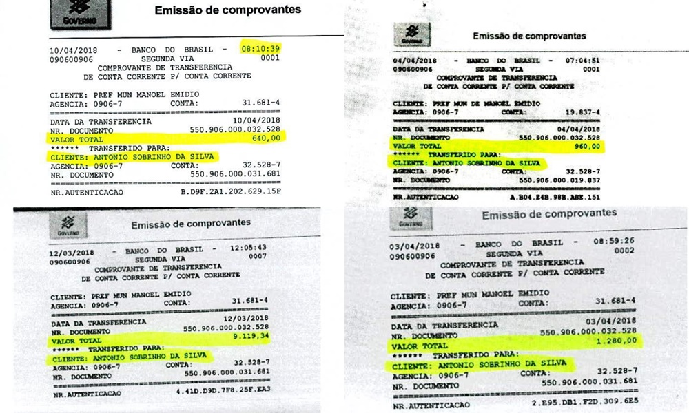 Comprovante de transferência do ex-prefeito de Manoel Emídio, Antônio Sobrinho