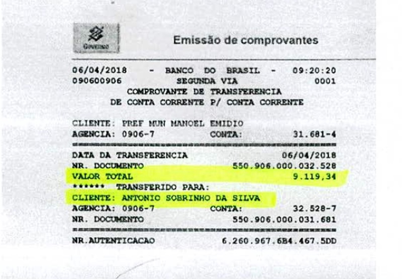Comprovante de transferência do ex-prefeito Manoel Emídio