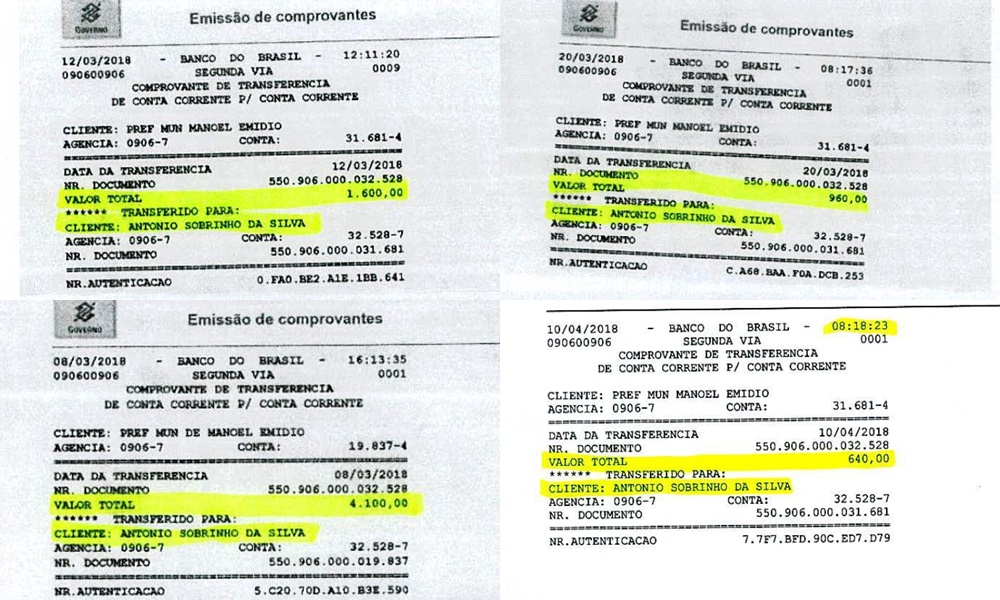 Comprovantes de transferência do ex-prefeito Antônio Sobrinho