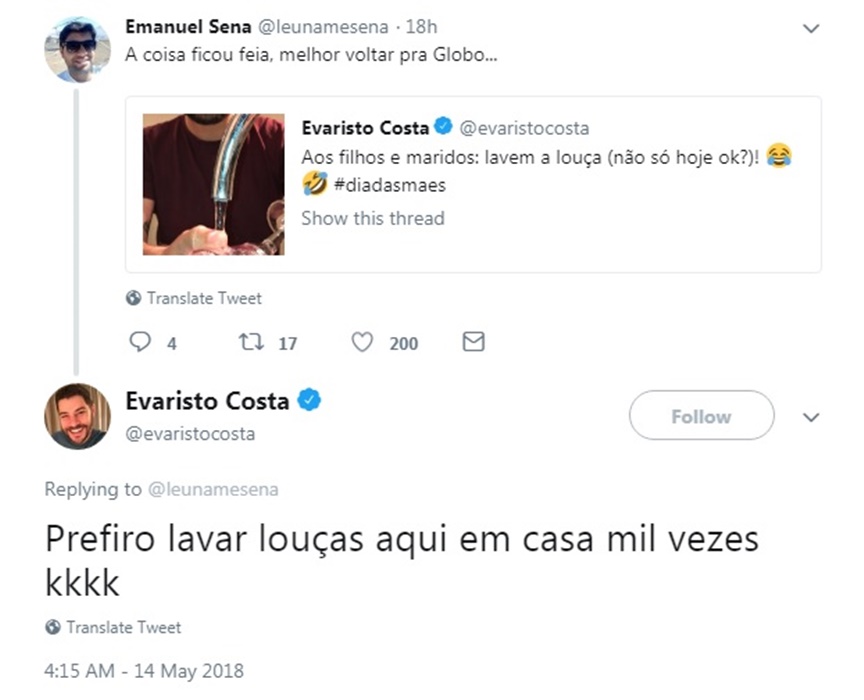Evaristo responde comentário polêmico de seguidor no Twitter