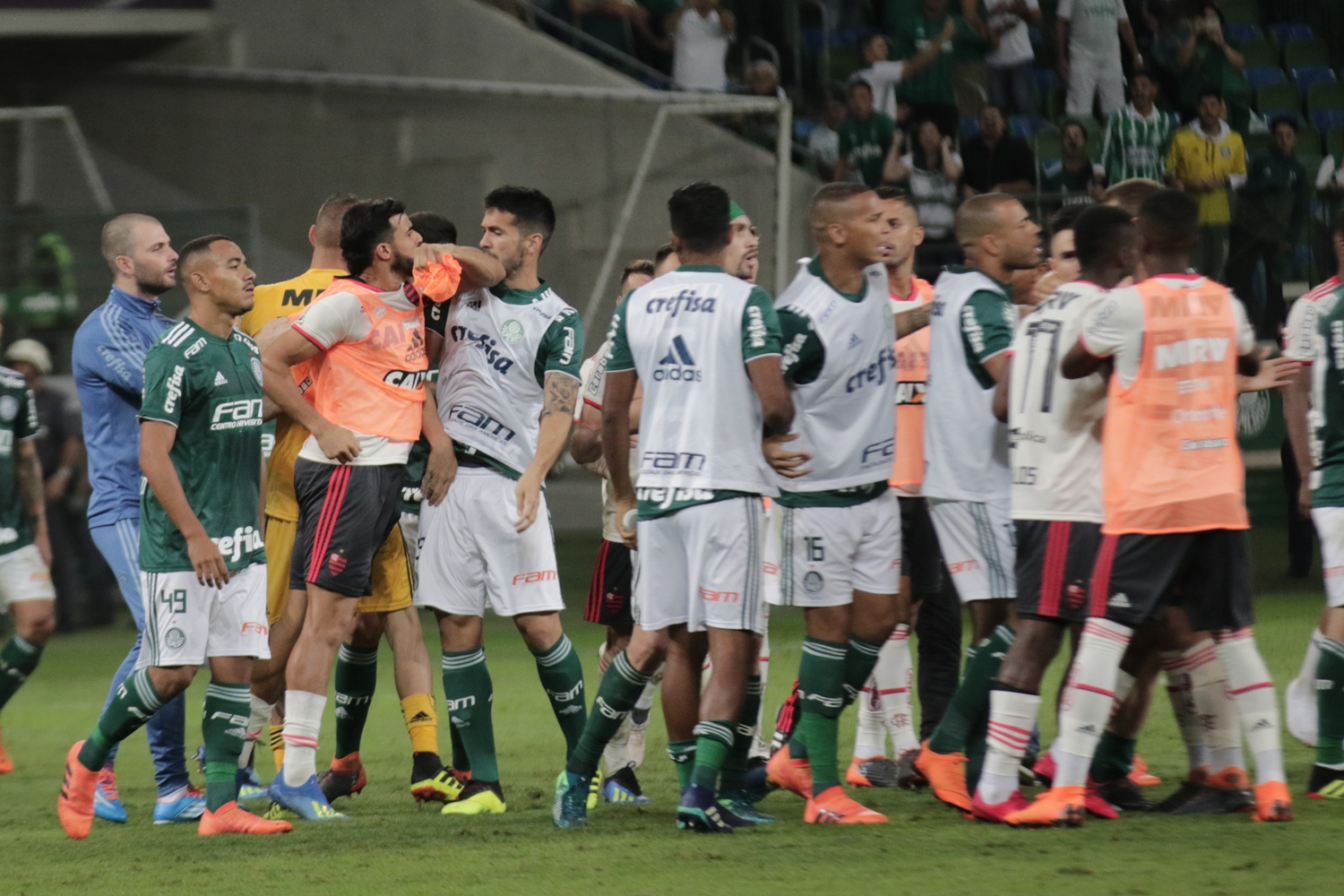 Dudu e Cuellar brigam durante o jogo entre Palmeiras x Flamengo