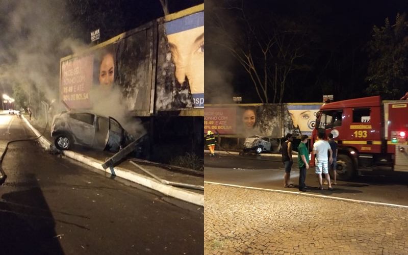 Carro incendeia após colisão na Avenida Universitária