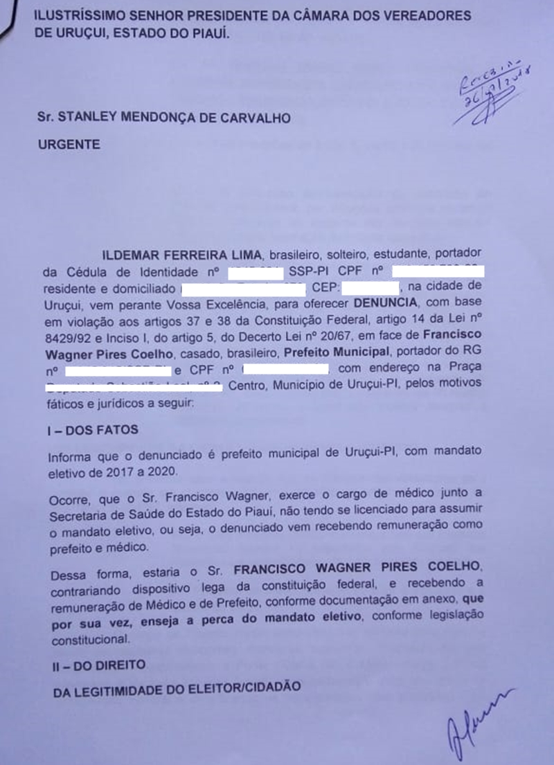 denúncia protocolada na Câmara Municipal de Uruçuí