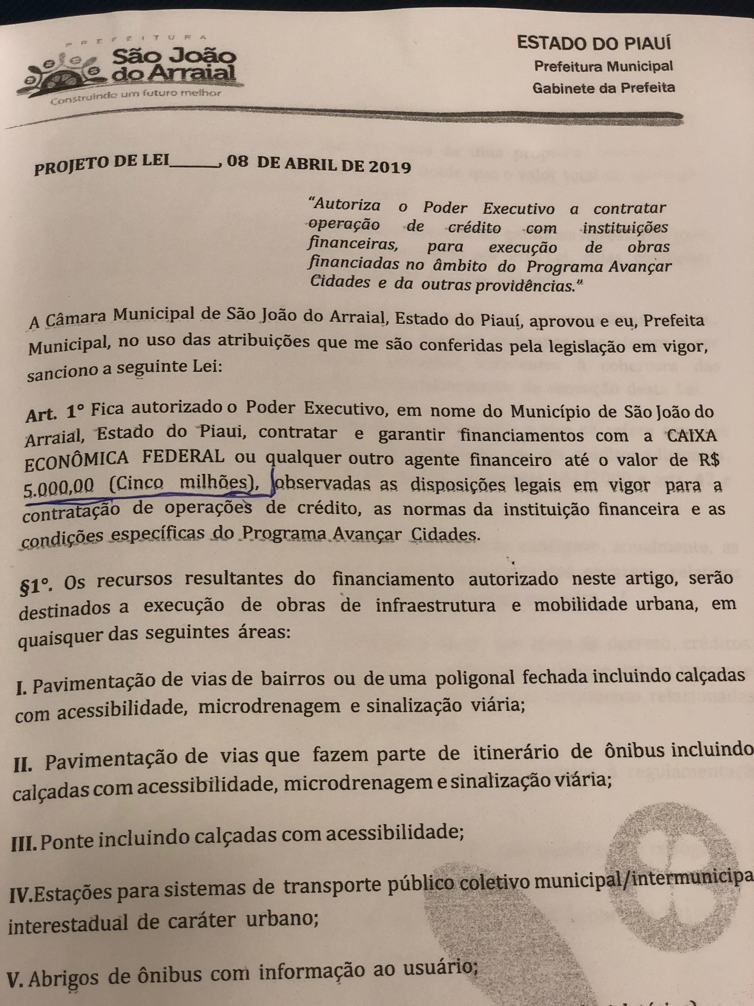 Projeto de Lei da prefeita Vilma Lima que pede para contrair empréstimo de R$ 5 milhões