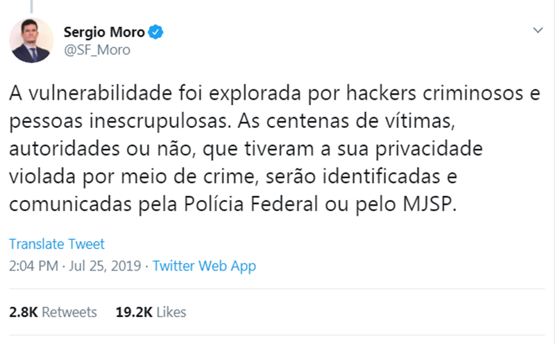 Postagem do ministro Sérgio Moro 