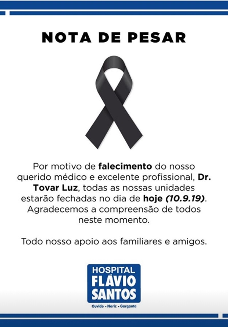 Nota de pesar do Hospital Flávio Santos