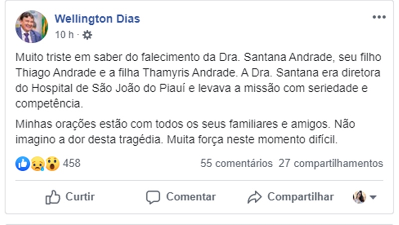 Wellington Dias lamenta morte de Santana Andrade