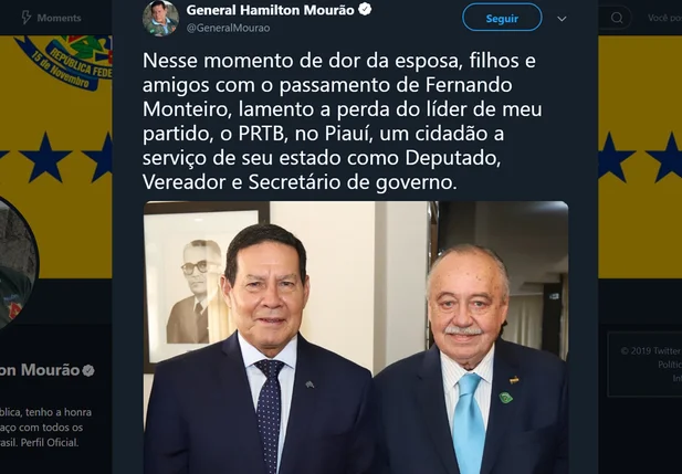 Mourão posta foto ao lado de Freitas Neto ao lamentar morte de Fernando Monteiro