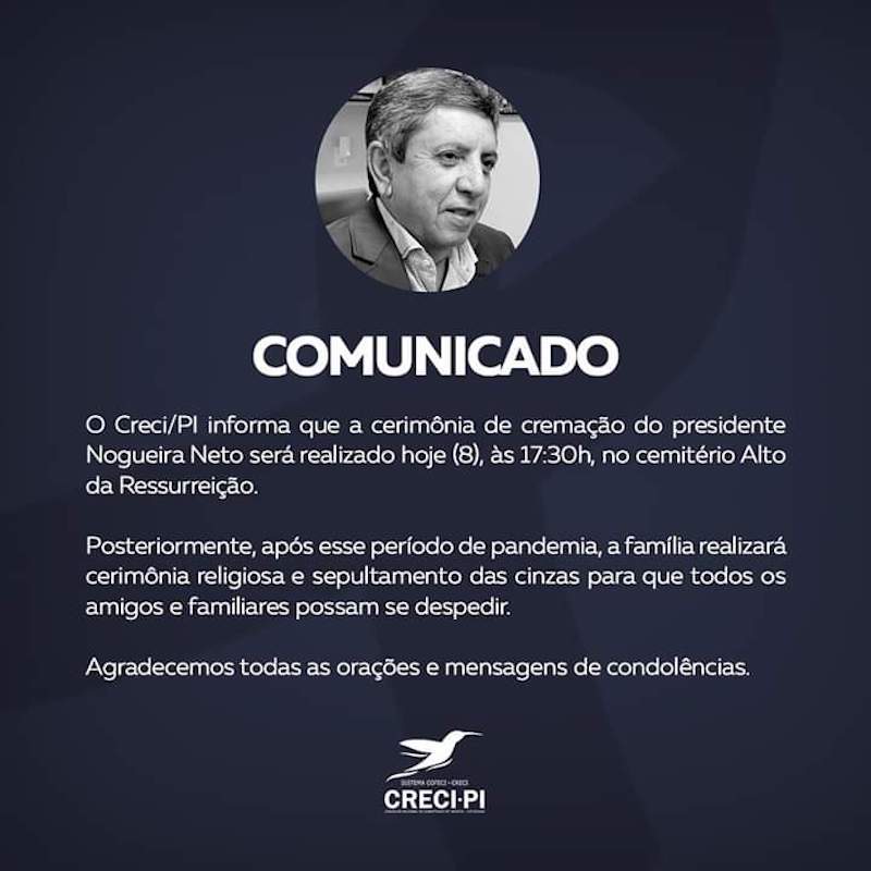 Comunicado da CRECI-PI sobre a cremação do corpo do empresário Nogueira Neto