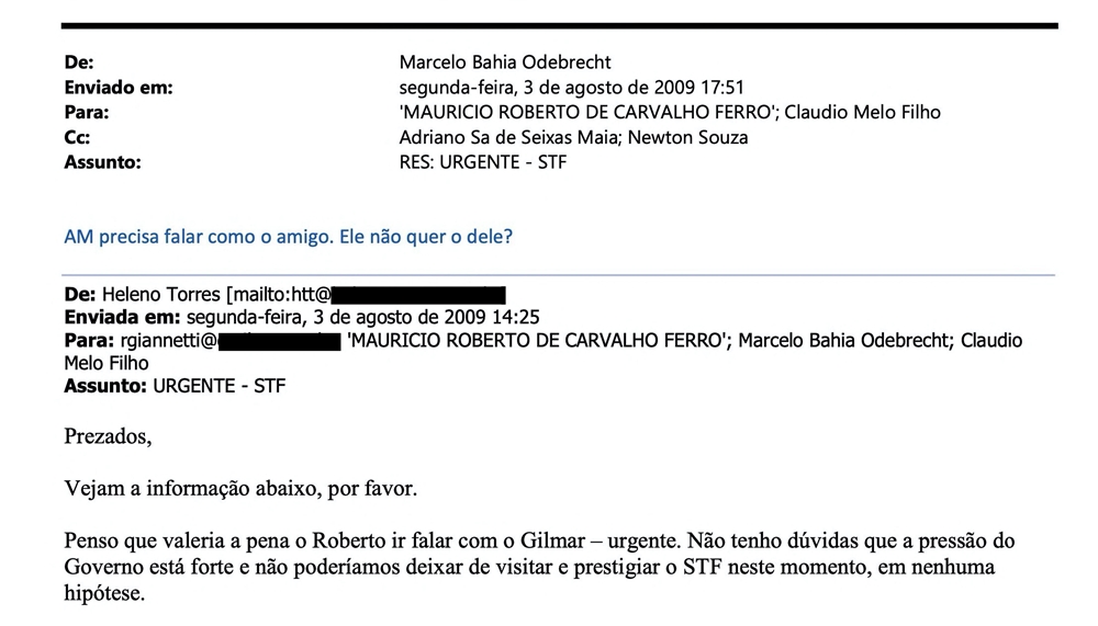 E-mail de Marcelo Odebrecht que é considerada forte evidência contra Toffoli