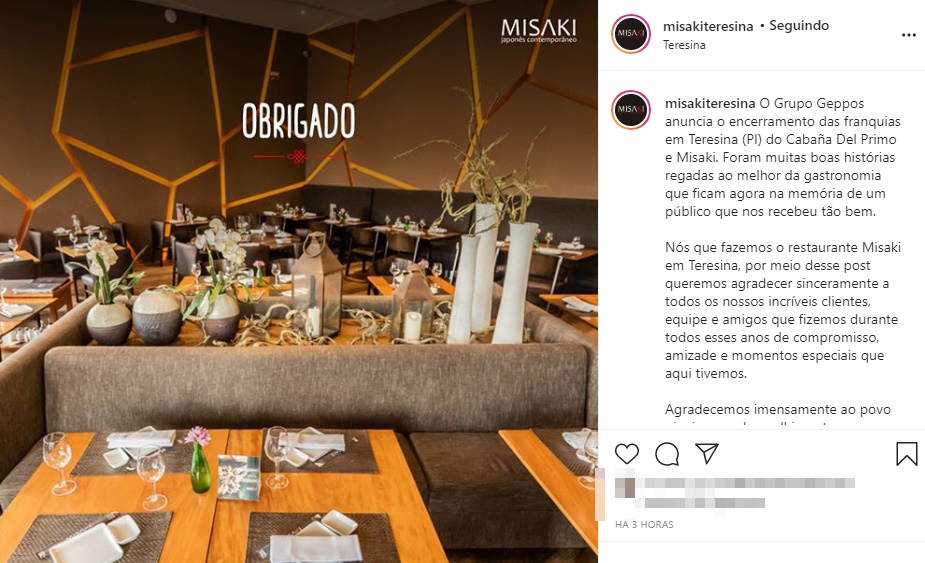 Restaurantes Misaki e Cabaña Del Primo anunciam fechamento em Teresina