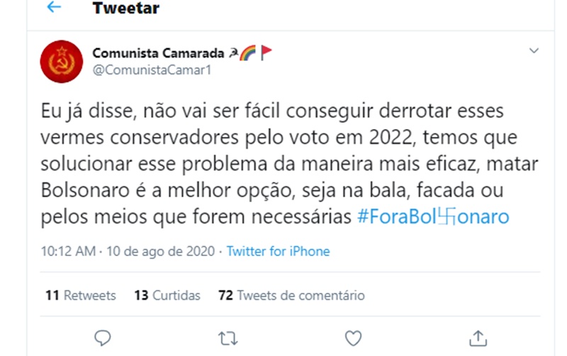 Perfil comunista no Twitter quer morte do presidente Bolsonaro