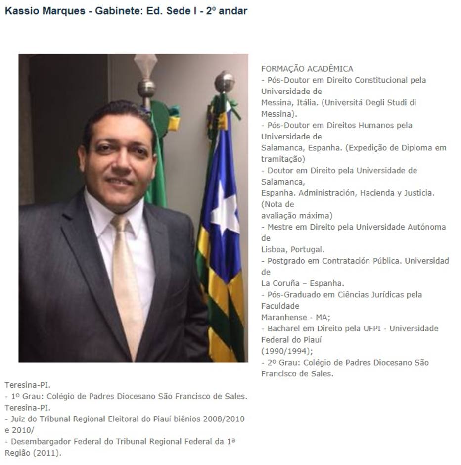 Currículo de Kássio Marques divulgado no site do TRF-1 apresenta doutorados e pós-douturados