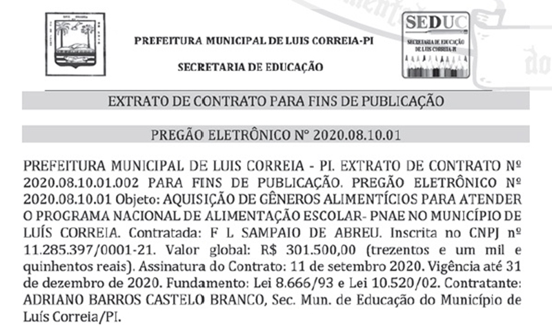 Extrato Merenda Escolar da Prefeitura de Luís Correia