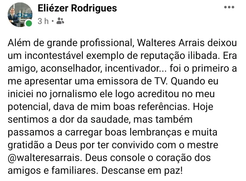 Walteres Arrais morreu no HUT